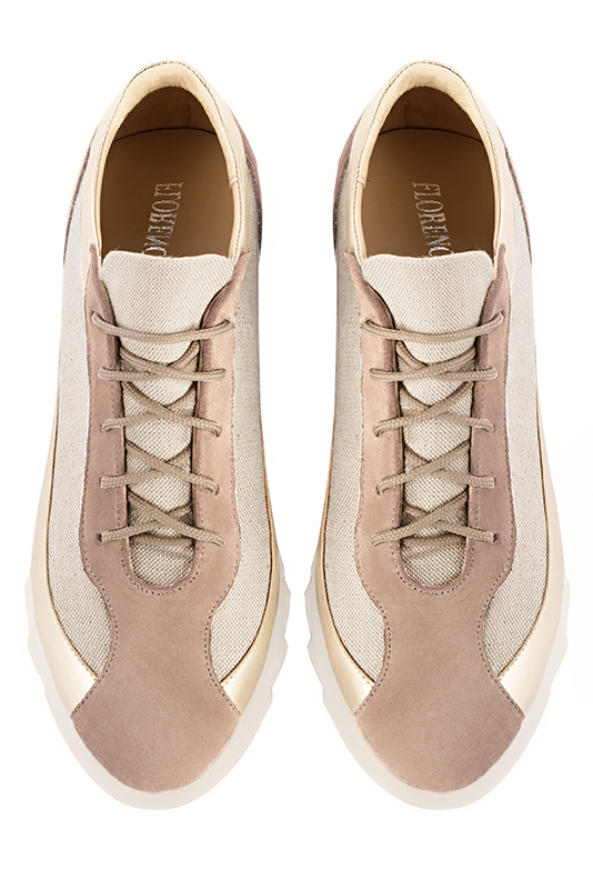 Powder pink and gold women's two-tone elegant sneakers. Round toe. Low rubber soles. Top view - Florence KOOIJMAN